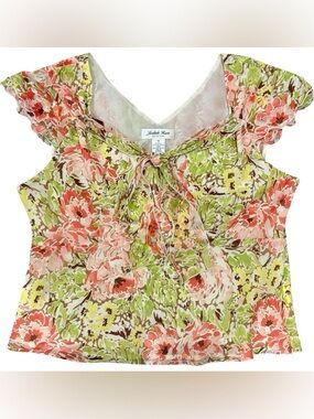 Judith Hart Vintage Top Women 16 Coral Lime Chiffon Y2K Cottagecore Tie